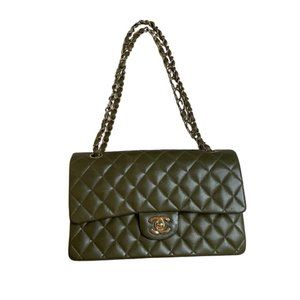 CHANEL Classic Quilted Medium Double Flap Handbag.  Color: Khaki